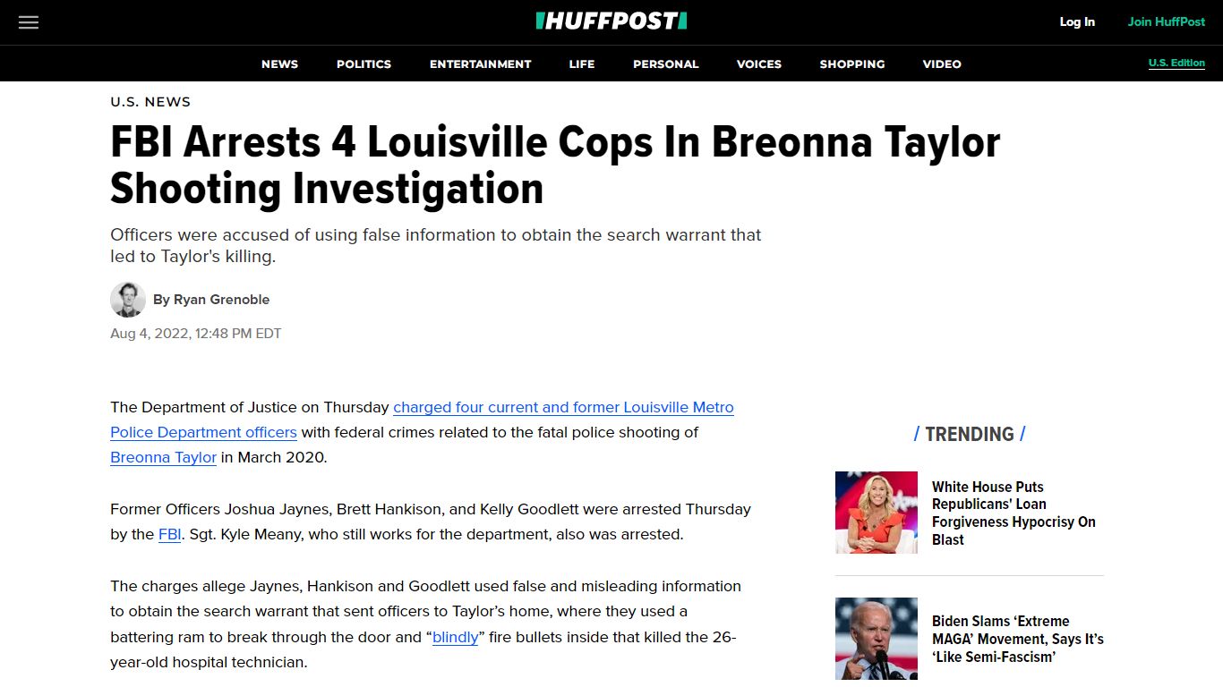 FBI Arrests 4 Louisville Cops In Breonna Taylor Shooting Investigation ...